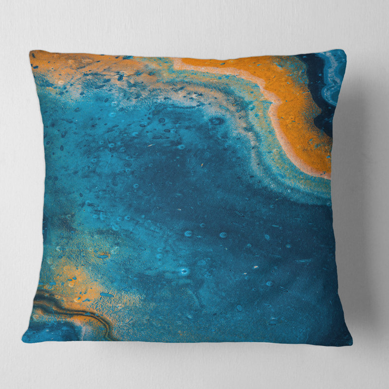 Composition abstraite de marbre en V bleu et orange - coussin moderne imprimé, 18" x 18"