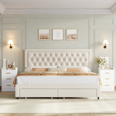 3-Piece Bedroom Set, 1 Upholstered Platform Bed With Storage Drawers+ 2 Nightstands With Charge Station