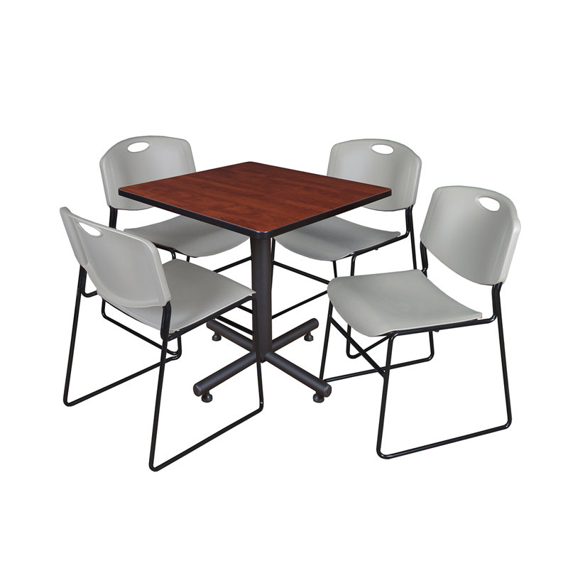Table de salle de repos carrée Nicklas, 4 chaises empilables Zeng, Cerisier, Gris