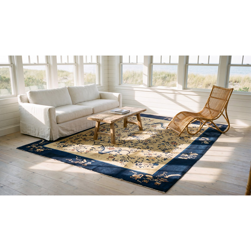 Tapis noir antique, ivoire, beige, crème, floral, chinois antique des années 1920