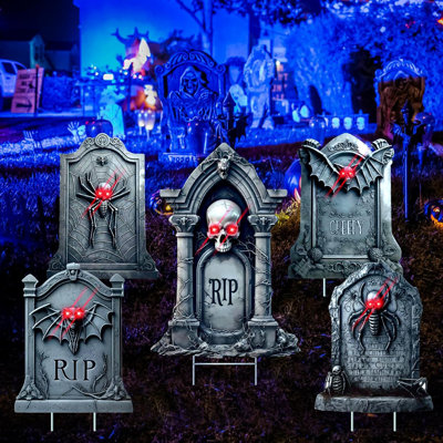 Paquet de 5 décorations d'Halloween en forme de pierre tombale avec piquets, tombes et décorations d'Halloween pour l'extérieur
