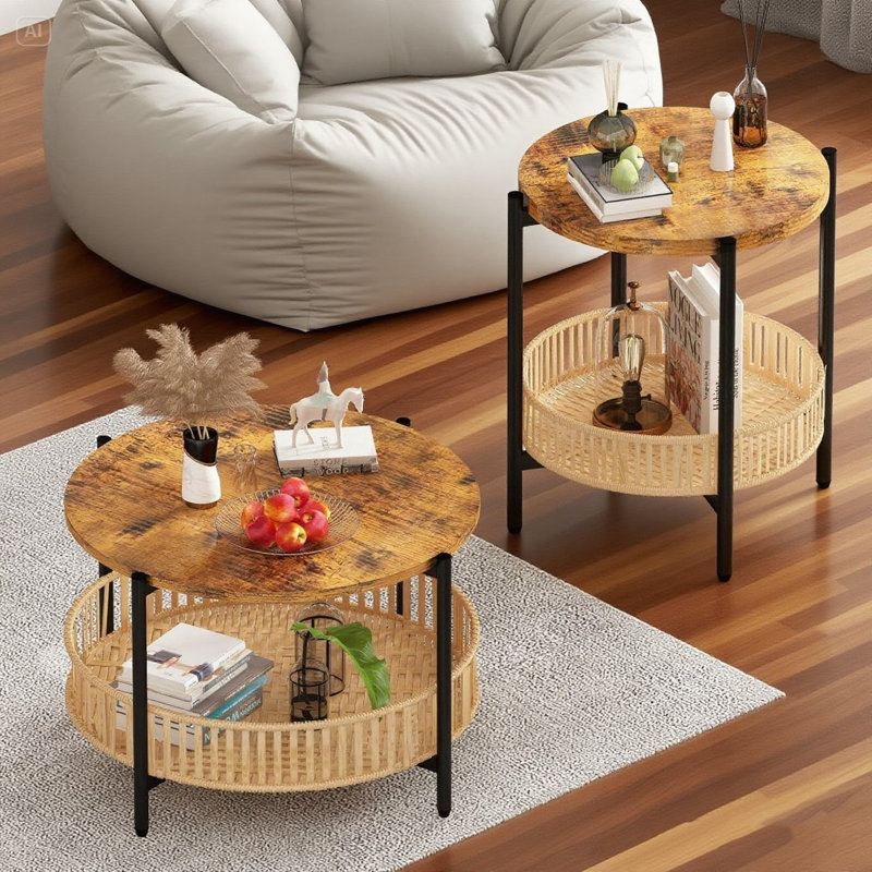 Boho Living Room Table Set With Rattan Storage Shelf And Metal Frame, Round Coffee Table And 2 End Side Tables