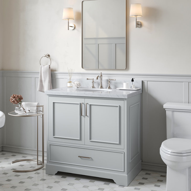 Meuble-lavabo simple avec plateau Abshire 37, Gris, Quartz blanc pur