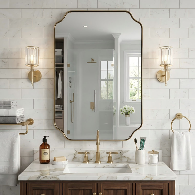 Rectangular Bathroom Vanity Mirror with Scalloped Corners – Stainless Steel Frame, Brushed Gold, 36" x 24"
