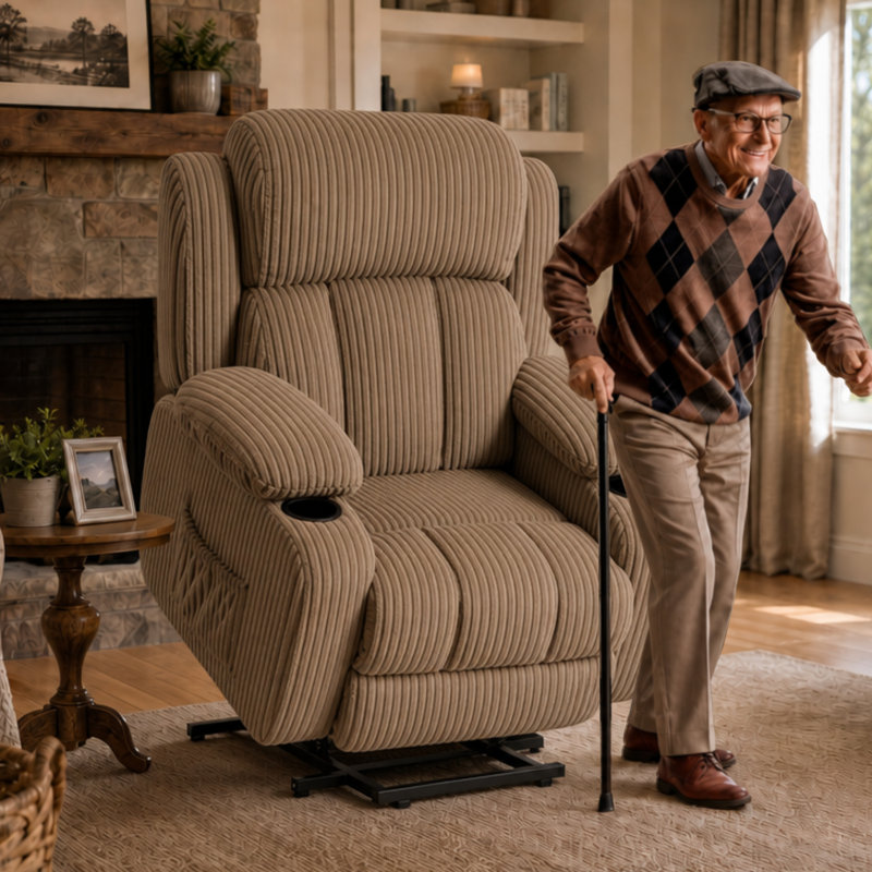 Fauteuil inclinable Power Lift avec inclinaison infinie, chaleur et massage, Velours côtelé kaki