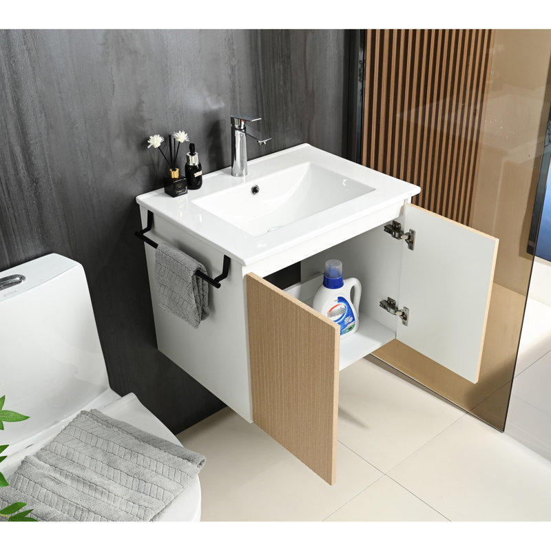 Lavabo de salle de bain de 24 pouces et armoire de rangement avec porte-serviettes - Conception robuste, design contemporain, céramique flottante jaune sécuritaire, quincaillerie à usage unique