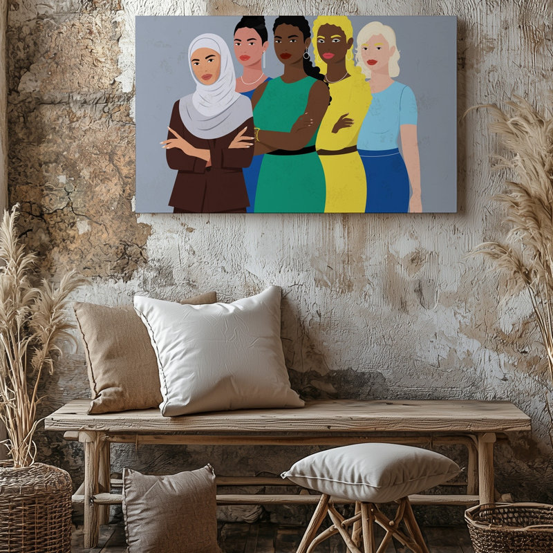 Toile, "Un groupe diversifié de cinq femmes se tient ensemble" avec art mural, H 18 po x l 24 po