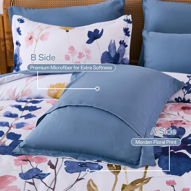 8-Piece Floral Reversible Comforter Set, Soft Microfiber All-Season Complete Bedding Set, Blue