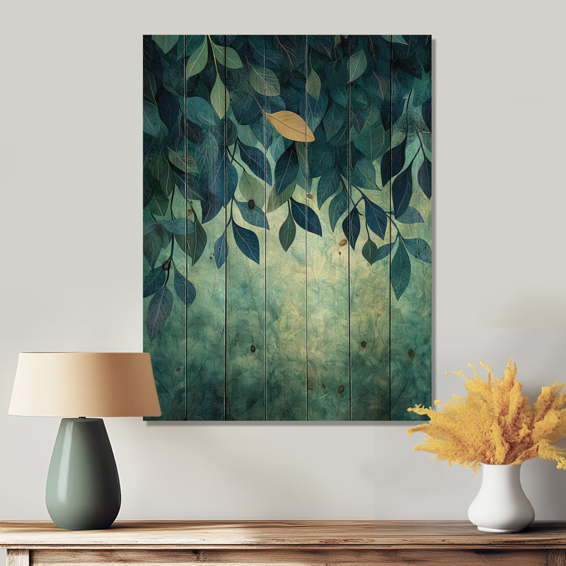 Feuilles vertes et bleues, forêt tranquillité II - impression sur bois de feuilles - sur bois de pin naturel