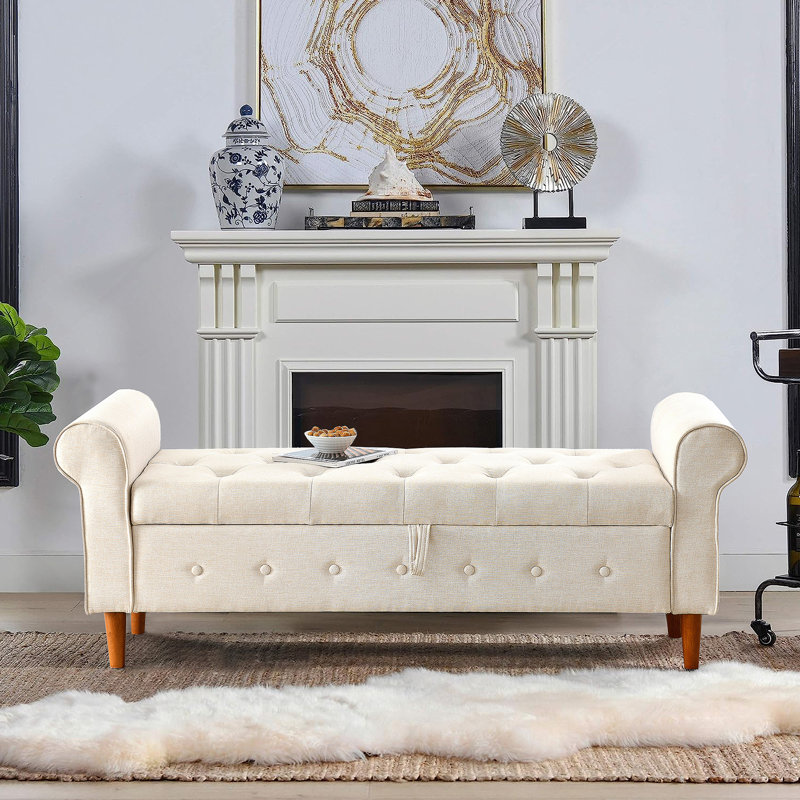 62" Bedroom Tufted Button Storage Bench, Modern Fabric Upholstered Ottoman, Window Bench with Rolled Arm Design, Beige