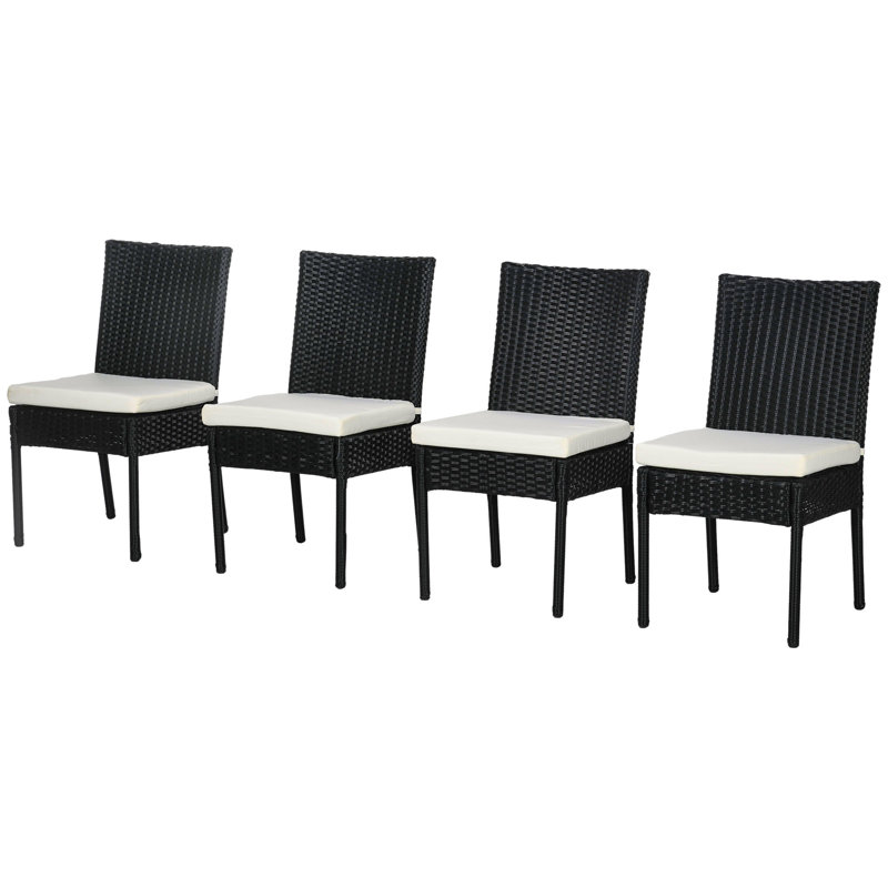 4 chaises de salle à manger d'extérieur en rotin PE avec coussins, chaises de patio en osier avec dossiers pour porche, terrasse, jardin