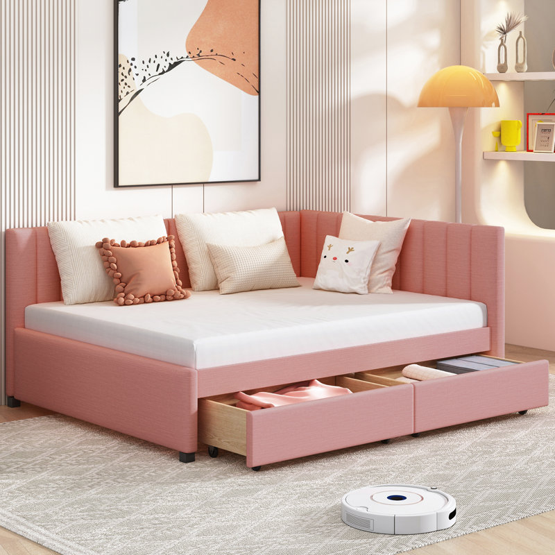 2 Daybed With Pink Linen Cover, No Box Spring, Solid Platform Full Size Bed 2 Drawers - Linen, Strong Frame For A Comfy Rest