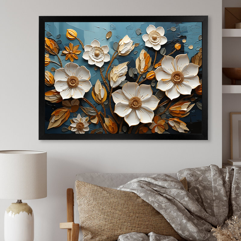 «White and Gold Charming Spring Flower Elegance IV», art mural fleurs, H 12 po x l 20 po x P 1 po, Cadre d'angle fermé noir