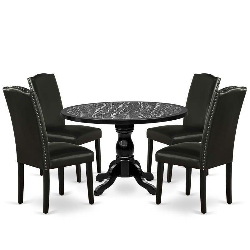 L'ensemble de salle à manger moderne 5 pièces comprend une table de cuisine à piédestal rond et 4 chaises Parsons à haut dossier avec similicuir noir, finition noire.