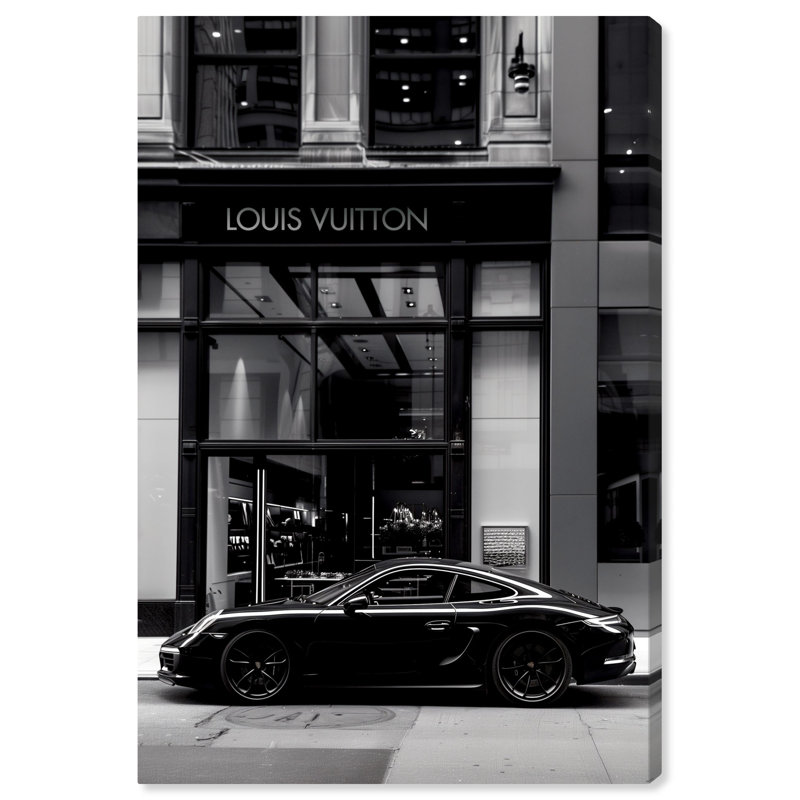 Mur noir et blanc Parked At The Store par Notoriart, Cadre noir, H 16 po x l 11 po