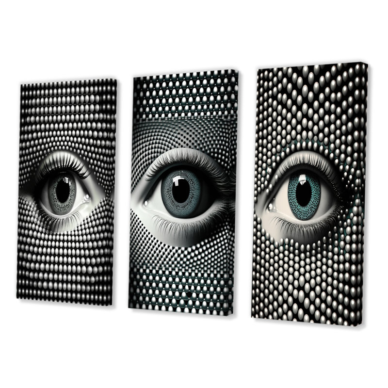 "Œil monochrome", 3 pièces sur toile, H 20 po x l 36 po, Toile tendue