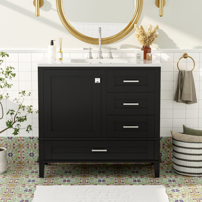 Meuble-lavabo moderne 36 po avec cadre en pin massif, 1 porte à fermeture douce et 3 tiroirs, armoire de rangement moderne
