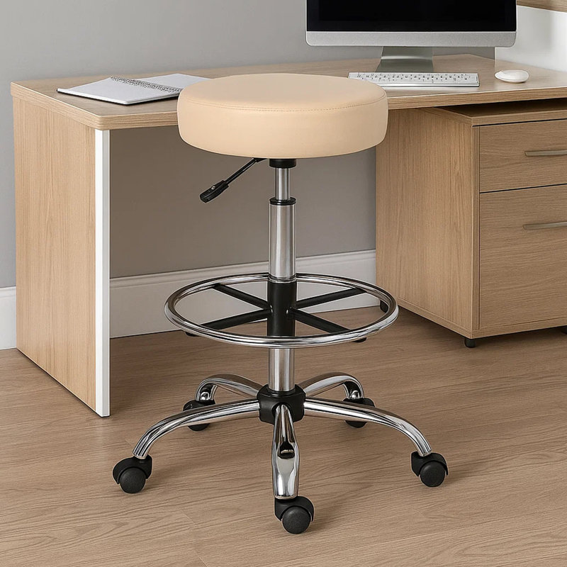 Tabouret de dessin médical Fea, vinyle beige rond, repose-pieds chromé, Beige