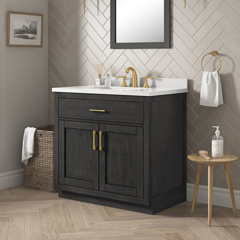 Meuble-lavabo sur pied en bois d'ébène foncé avec comptoir en pierre blanche et dosseret Bailey, Doré, Bois noir mat