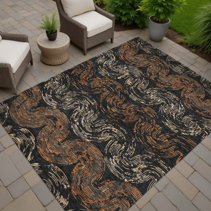 Machine Washable Indoor/Outdoor Chantille ACN2461 Spiral Rug, 5' x 7'6", Black
