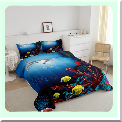 Oceanic Coral Reef Comforter Set - Dolphin Fish Bedding with 3D Undersea Plant Design, Tropical Animal Themed Microfiber Comforter for Adults. Include -  East Urban Home, DC3FD92934C74FF0838C78F5F0A47C22