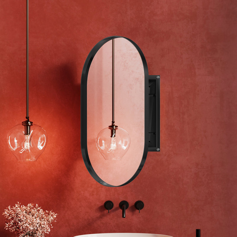 Armoire de salle de bain ovale avec miroir et cadre mural en métal avec tablettes réglables, Noir mat
