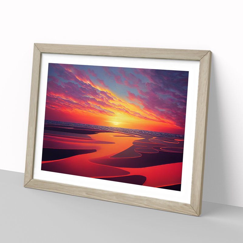 Fierce Ocean Beach Sunset - Single Picture Frame Print, 34cm H x 46cm W x 2cm D, Oak