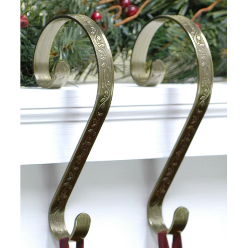 Holly Embossed Stocking Holder, Antique Brass