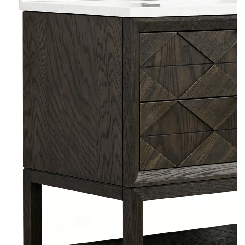 Meuble-lavabo autoportant en bois massif brun foncé 60 po avec plateau en marbre d'ingénierie 60 po, Dark Brown Oak