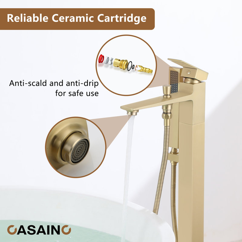 Single Handle Free Standing Bathtub Faucet with Diverter and Handshower, Brushed Gold