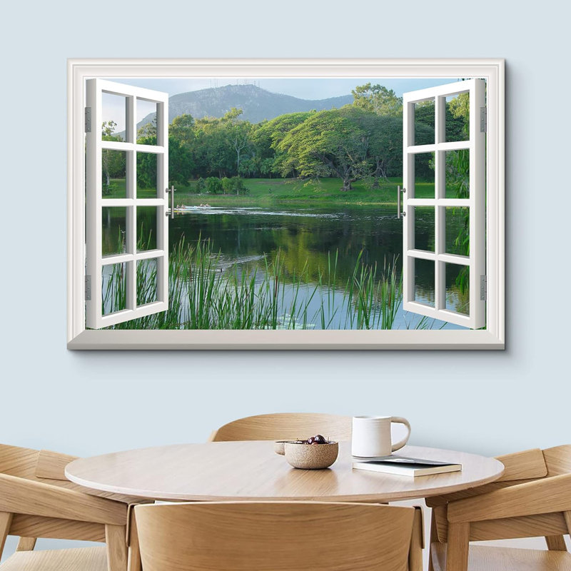 Fenêtre, paysage, lac transparent et arbres verts - impression sur toile tendue, H 12 po x l 18 po