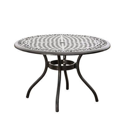 48-Inch Round Patio Dining Table Cast In Aluminum With Hammered Bronze Finish, Tabletop , Umbrella Hole, And Curved Legs, For Summer Meals Outdoor 48-In Crafted From Bronze, Tabletop, Back