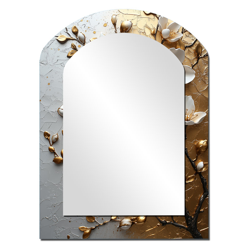 White Gold Cherry Blossom Branch - Cherry Blossom Arch Decorative Mirror, Traditional Asymmetrical Wall Mirror, Printed Metal Art