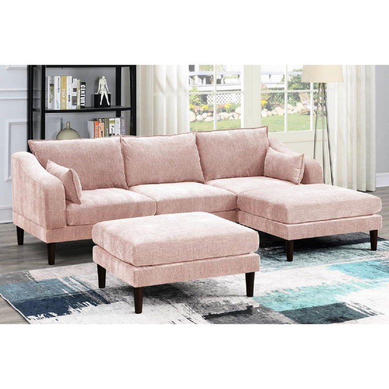 5 pièces de canapé modulaire de salon en tissu rose poudré avec un fauteuil et 5 repose-pieds, repose-pieds, pieds en bois pour plus de confort