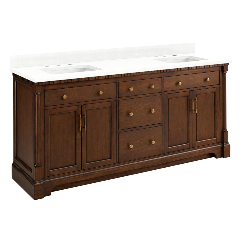 Claudia 72" Freestanding Mahogany Double Basin Vanity Set with Cabinet, Vanity Top, Feathered White Quartz, Antique Coffee