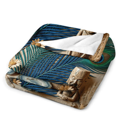 Peacock Feathers Wooden Statue Dried Flowers Luxury Flannel Throw Blanket, Soft Warm Fuzzy Blanket for Living Room Sofa Bed Home Decor