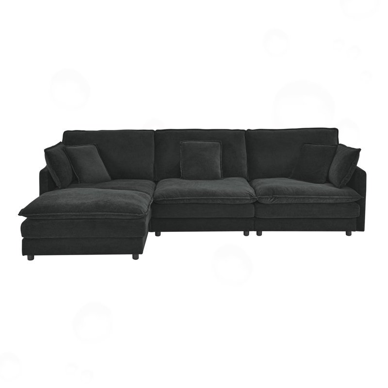 L-ShapeModern Sectional Sofa with Ottoman, Black Polyester Blend