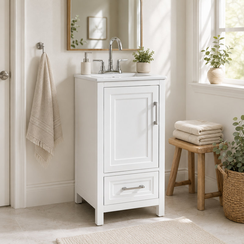 Meuble-lavabo blanc 18 po tout-en-un avec comptoir en céramique intégré; Prêt à être utilisé dès sa sortie de la boîte. Idéal pour les petits appartements.
