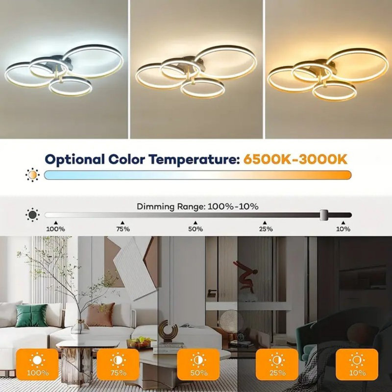 Dimmable LED Ceiling Light Modern 4 Rings Ceiling Lamp With Remote Control, 60W Golden Flush Mount Ceiling Lights For Living Room, Bedroom, Kitchen, Corridor, Dining Room, Office 3 Color | Home Decor & LED Lights