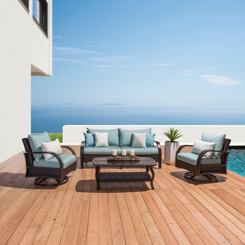 Kechia Wicker/Rattan 6 Person Seating Group with Sunbrella Cushion Covers, Canvas Spa Sunbrella® Canvas