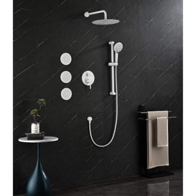 Système de douche en laiton blanc avec tête, douche à main, barre coulissante, jets de corps - version murale