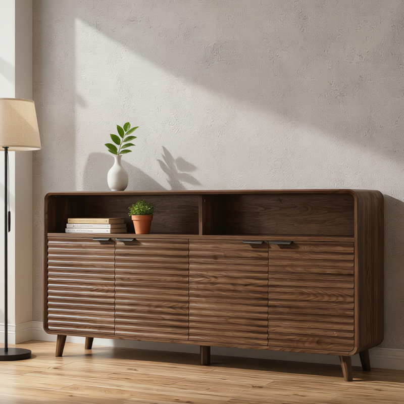 Buffet noyer Mid Century avec rangement ouvert et quatre portes réglables, Walnut
