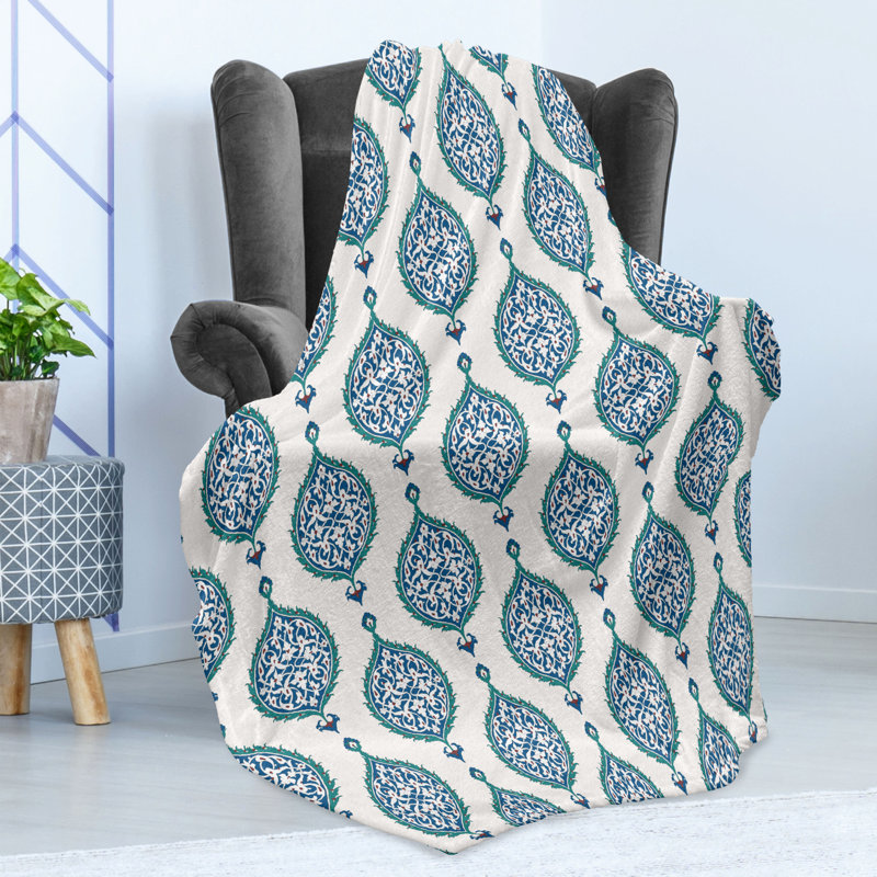 Ambesonne Turkish Pattern Fleece Throw Blanket Eastern Curly Leaf Multicolor, 50" W x 60" L
