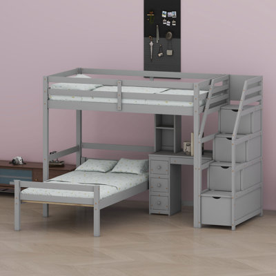 Lit mezzanine multifonctionnel avec lit autonome, escalier de rangement, bureau, tablettes et tiroirs