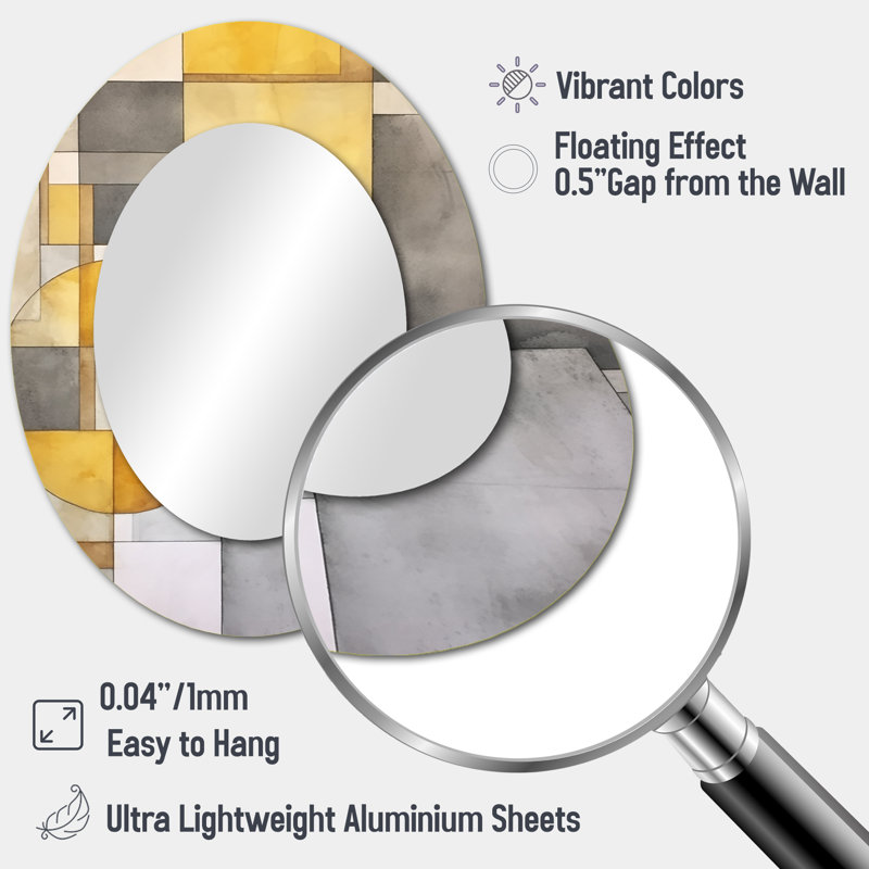 Yellow And Grey Intersecting Realities I - Abstract Oval Decorative Mirror On Metal, 43" x 33"