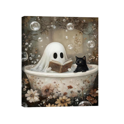 Halloween Ghost Bathroom Canvas Wall Art 8x12, Framed Funny Gothic Posters Dark Academia Decor Pictures, Horror Ghost and Black Cat in Bathroom Poster Canvas Prints