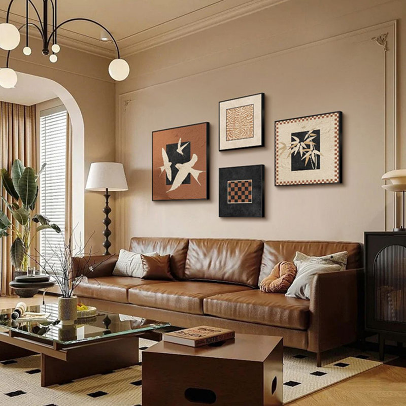 Ensemble d'art mural traditionnel carré 4 pièces, H 47,24 po x l 86,61 po, Orange / Beige / Noir