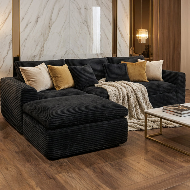 Canapé modulaire Kelffa Boneless de 108 pouces avec mousse haute densité et méridienne interchangeable, Noir