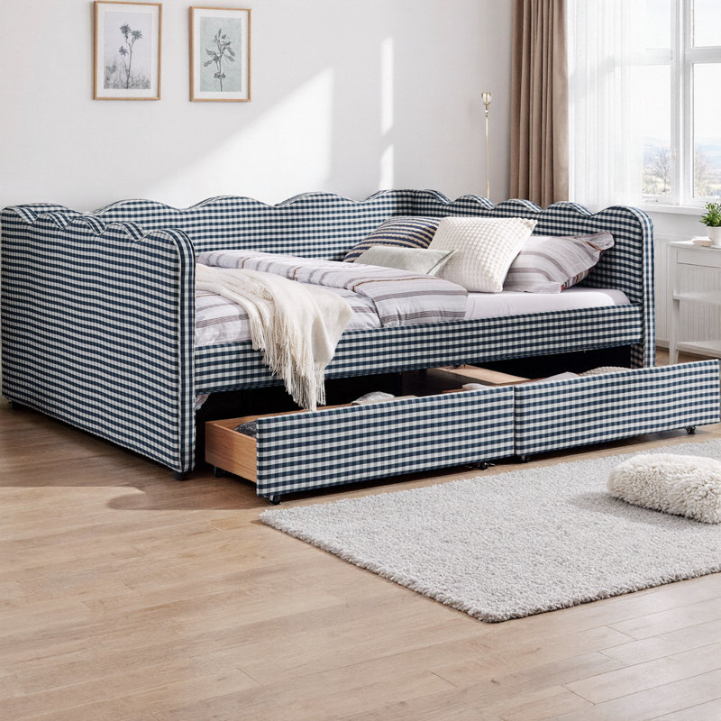 Cocoon Queen Size Cozy Gingham Daybed with Two Storage Drawers, Linen Fabric Sofa Bed with USB Port and Adorable Wave Shaped Design, for Bedroom or Living Room