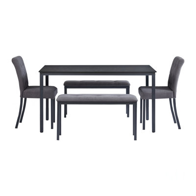 Ensemble de salle à manger 5 pièces de style rustique avec 1 table, 2 chaises rembourrées et 2 bancs, peu encombrants, gris et noir, pour les salles à manger et les cuisines